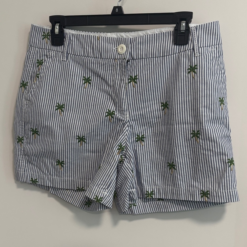 crown & ivy Navy and White Seersucker Palm Embroidered Shorts